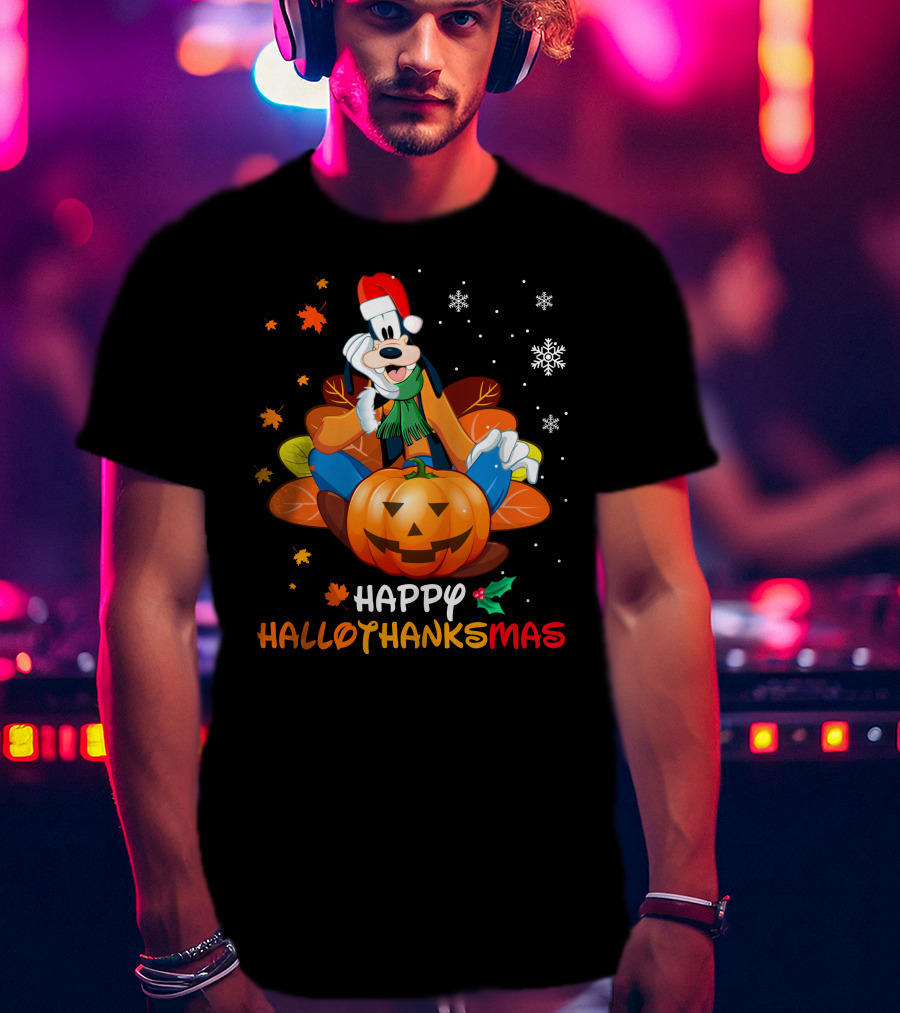 Happy Hallothanksmas Goober Leaves Pumpkin Snowflakes Santa Hat T-Shirt