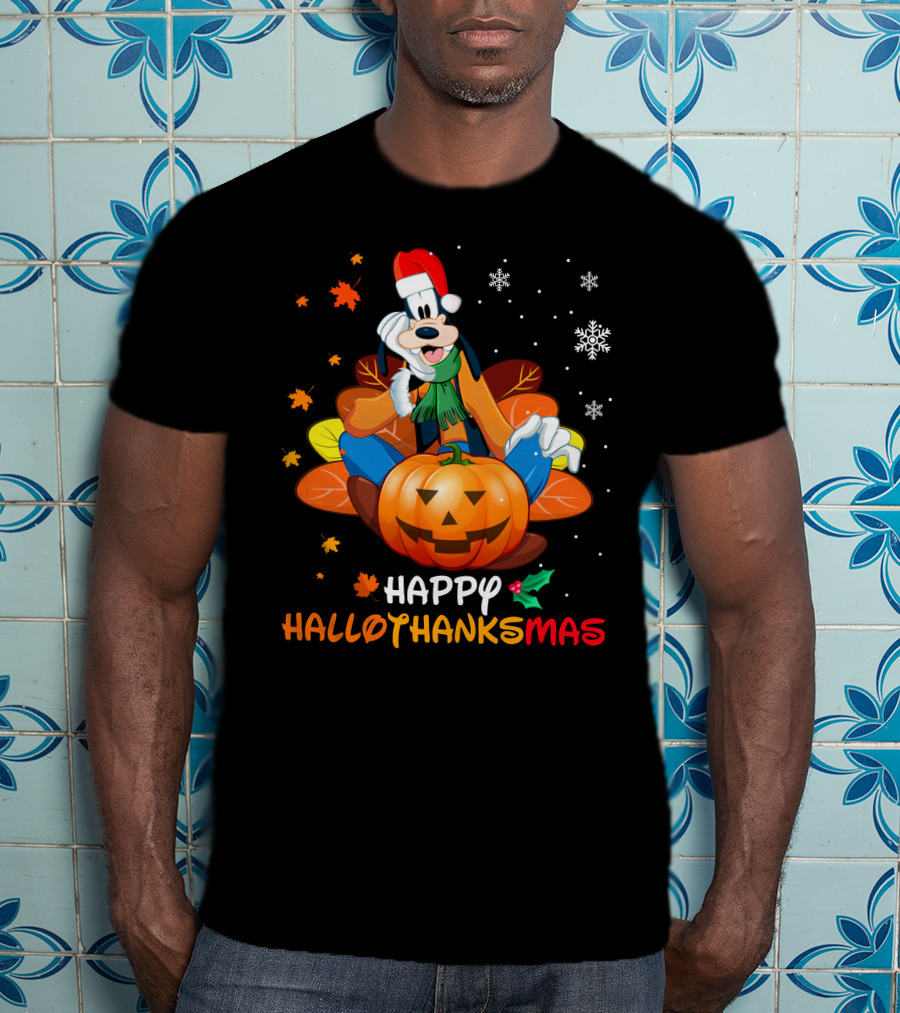 Happy Hallothanksmas Goober Leaves Pumpkin Snowflakes Santa Hat T-Shirt