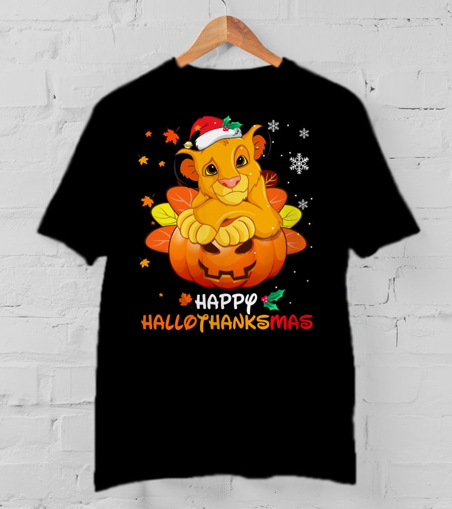 Happy Hallothanksmas Simba Pumpkin Santa Hat Snowflakes T-Shirt