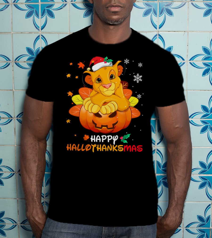 Happy Hallothanksmas Simba Pumpkin Santa Hat Snowflakes T-Shirt