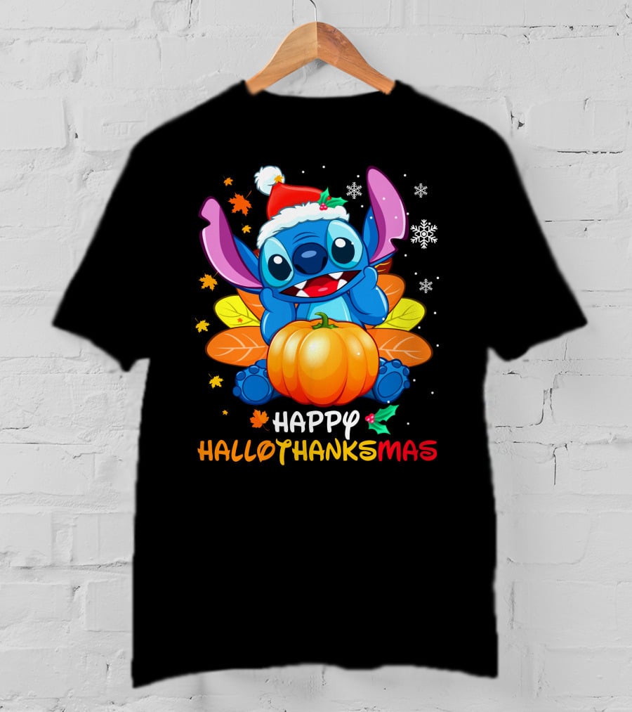Stitch Happy Hallothanksmas Pumpkin Santa Hat Snowflakes T-Shirt