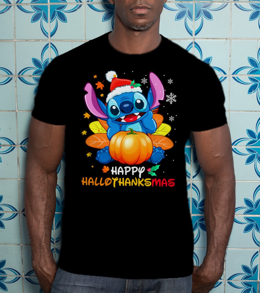 Stitch Happy Hallothanksmas Pumpkin Santa Hat Snowflakes T-Shirt