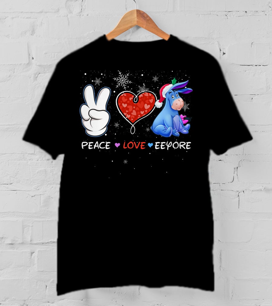 Peace Love Eeyore Santa Hat Winter Snowflakes T-Shirt