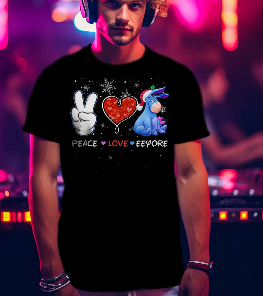 Peace Love Eeyore Santa Hat Winter Snowflakes T-Shirt