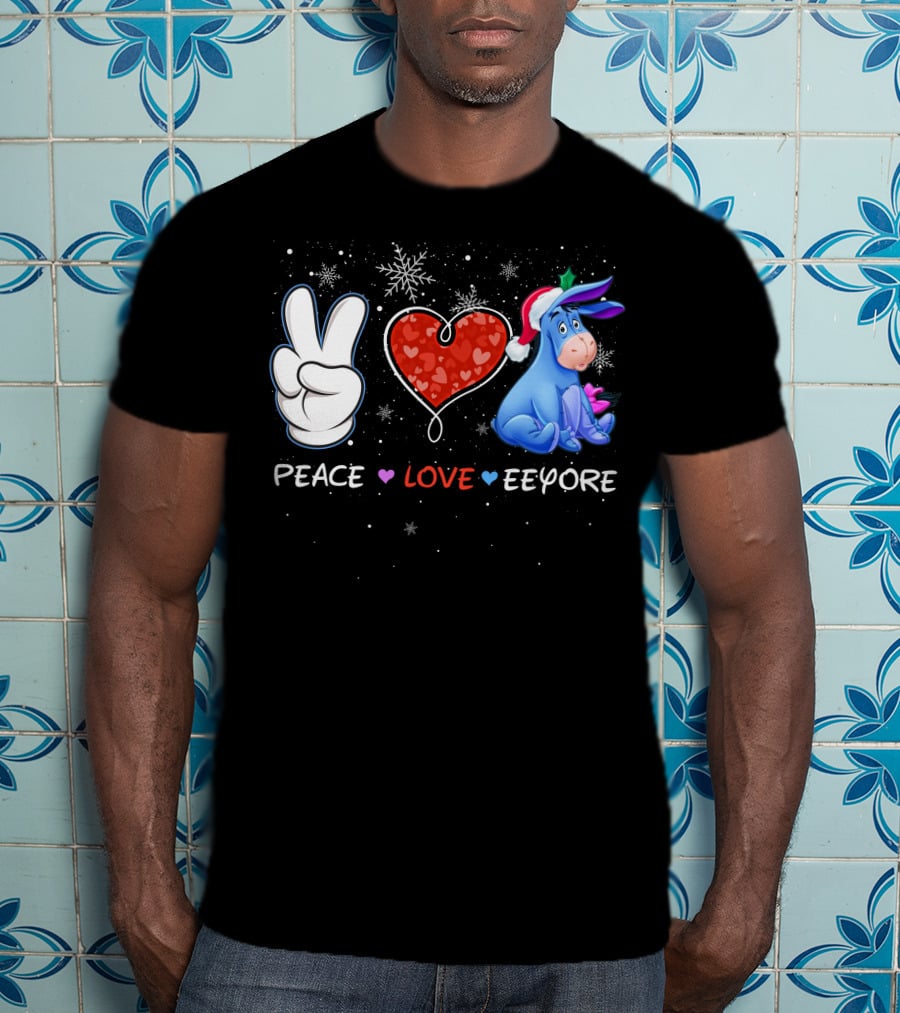 Peace Love Eeyore Santa Hat Winter Snowflakes T-Shirt