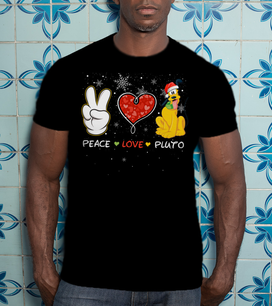 Peace Love Pluto Christmas Santa Hat Snowflakes T-Shirt