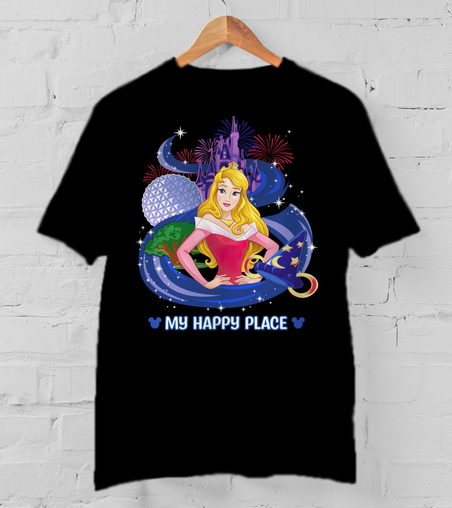 My Happy Place Aurora Disney Princess Epcot Castle Fireworks Sorcerer Hat T-Shirt