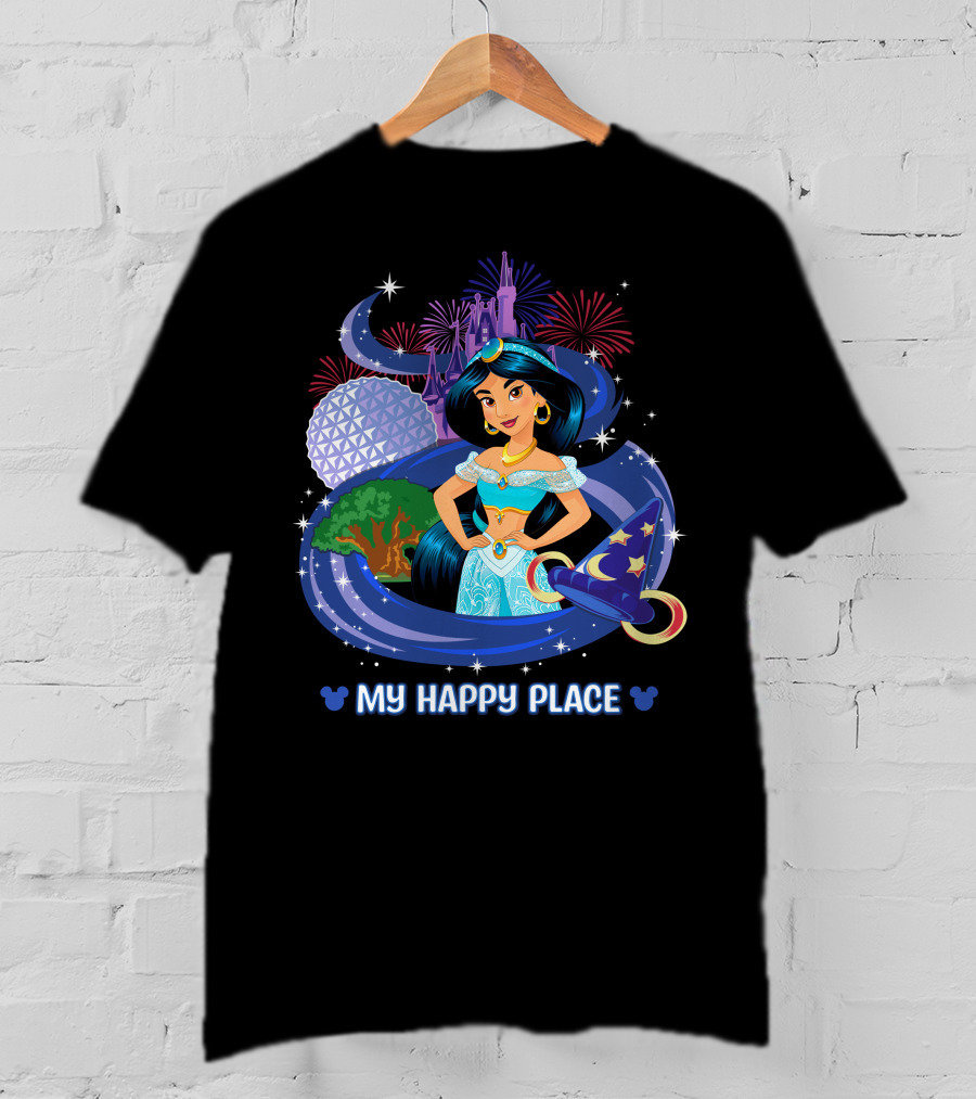 Jasmine My Happy Place Disney Princess Fireworks Magic Castle Mickey Epcot Disney World T-Shirt