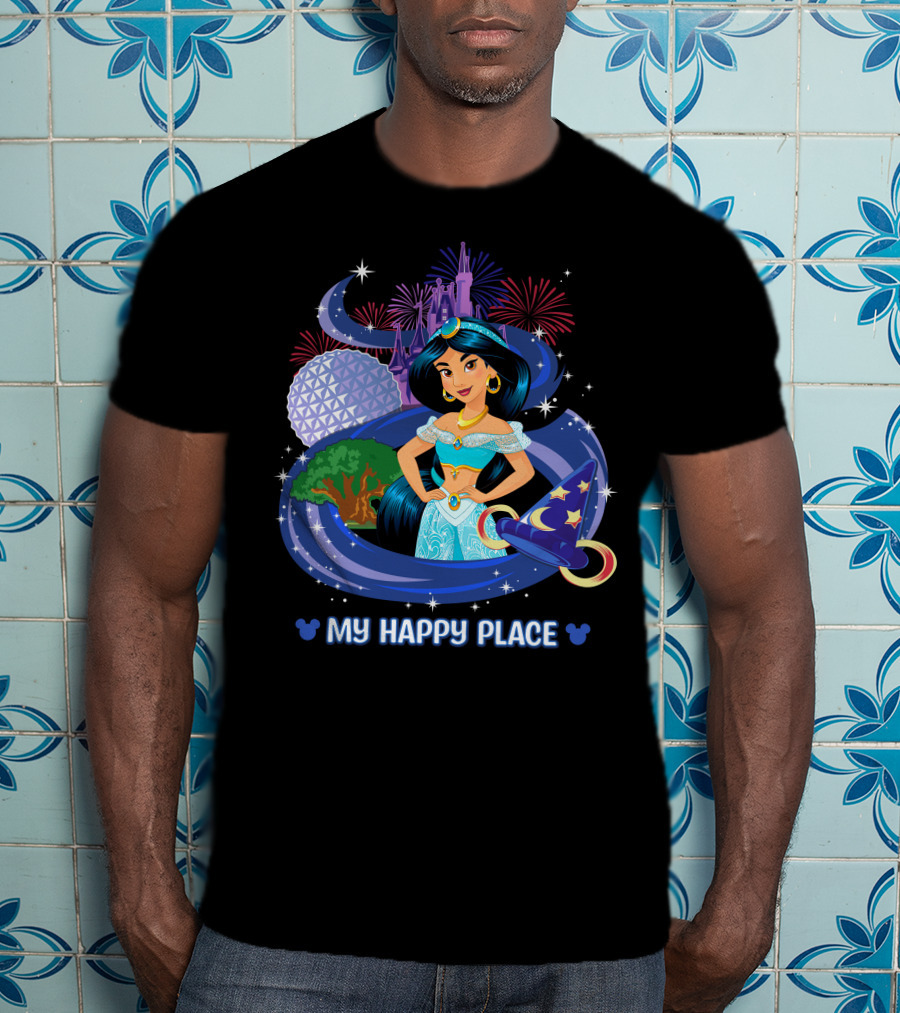 Jasmine My Happy Place Disney Princess Fireworks Magic Castle Mickey Epcot Disney World T-Shirt