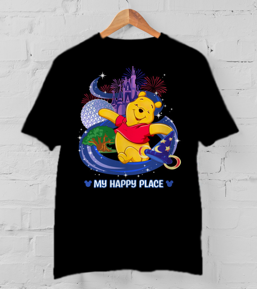 Pooh My Happy Place Disney Fireworks Castle Epcot Sorcerer's Hat T-Shirt