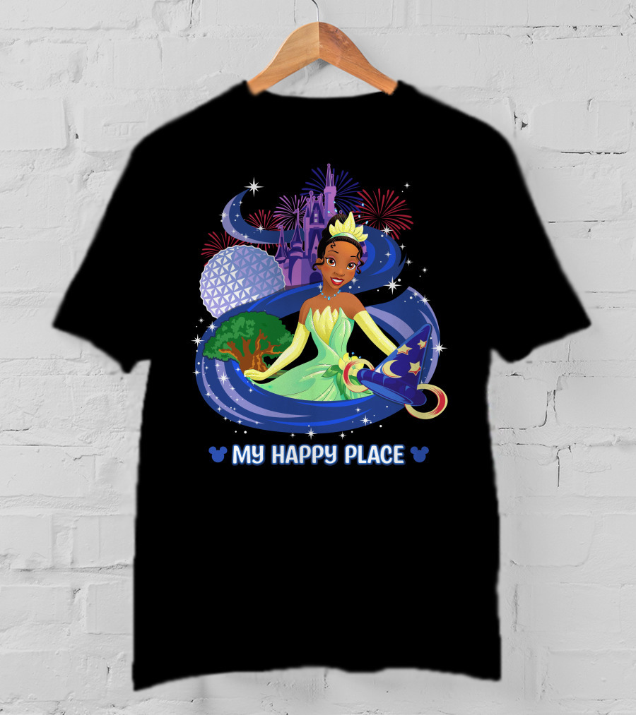 Tiana My Happy Place Disney Parks Epcot Fireworks Castle Sorcerer Hat T-Shirt