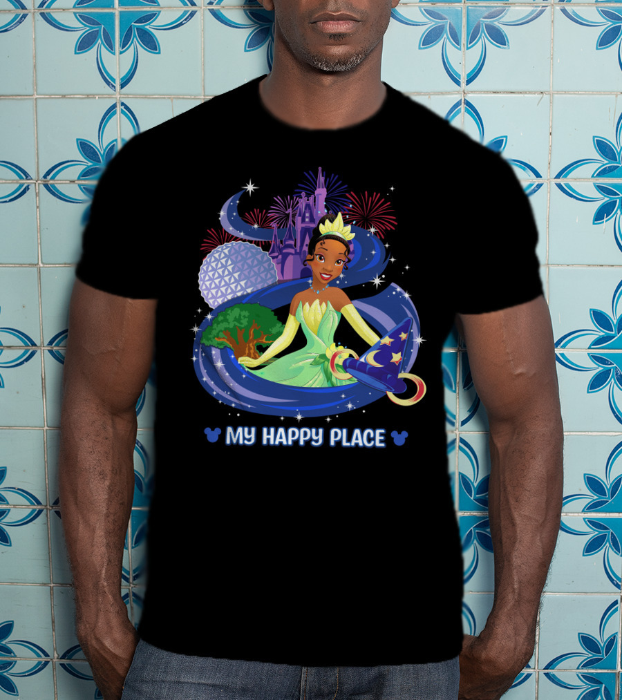 Tiana My Happy Place Disney Parks Epcot Fireworks Castle Sorcerer Hat T-Shirt