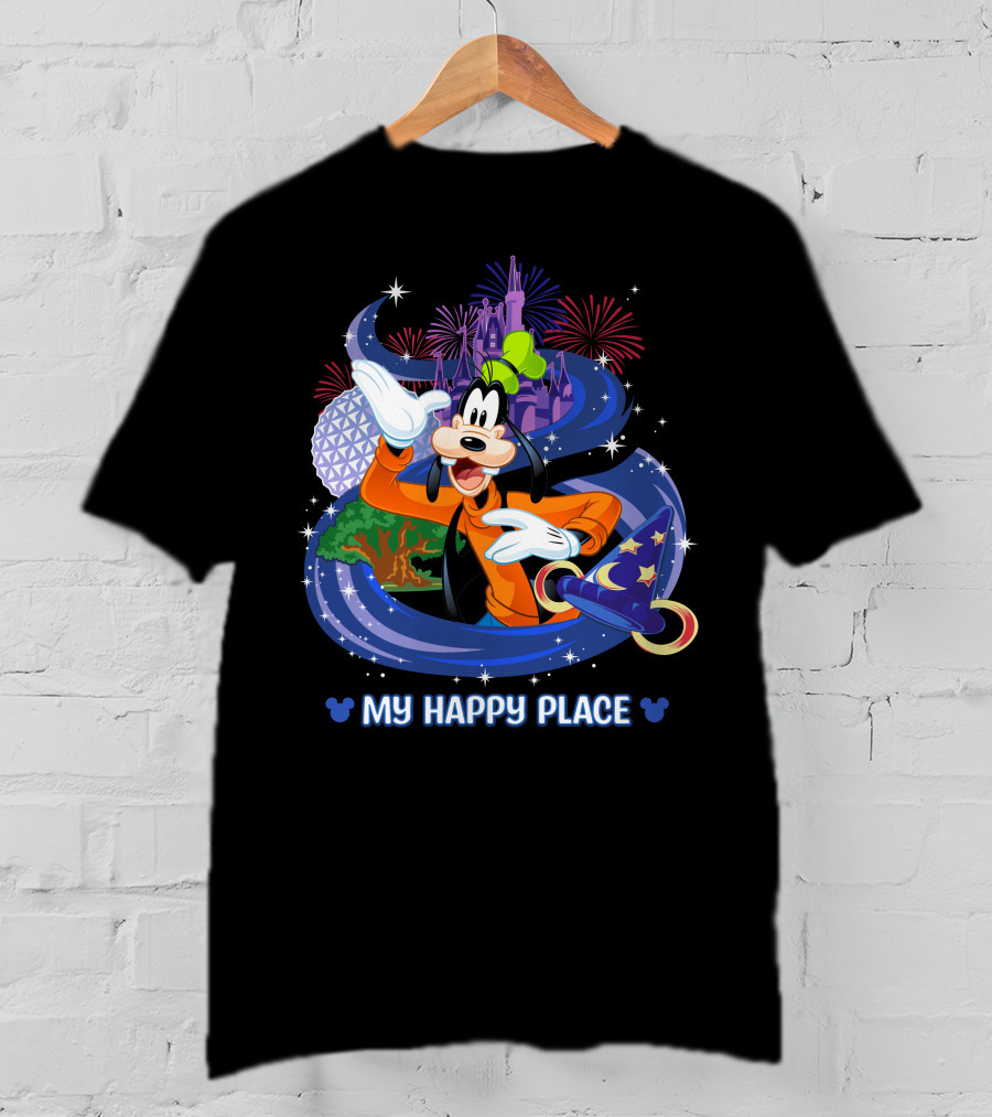 Goofy My Happy Place Disney Fireworks Epcot Sorcerer Mickey's Hat T-Shirt