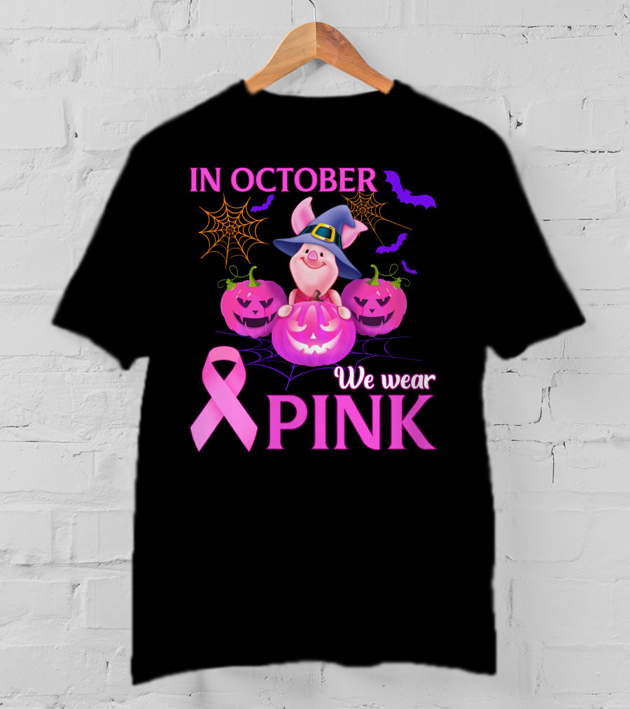 In October We Wear Pink Piglet Breast Cancer Awareness Halloween Pumpkins T-Shirt