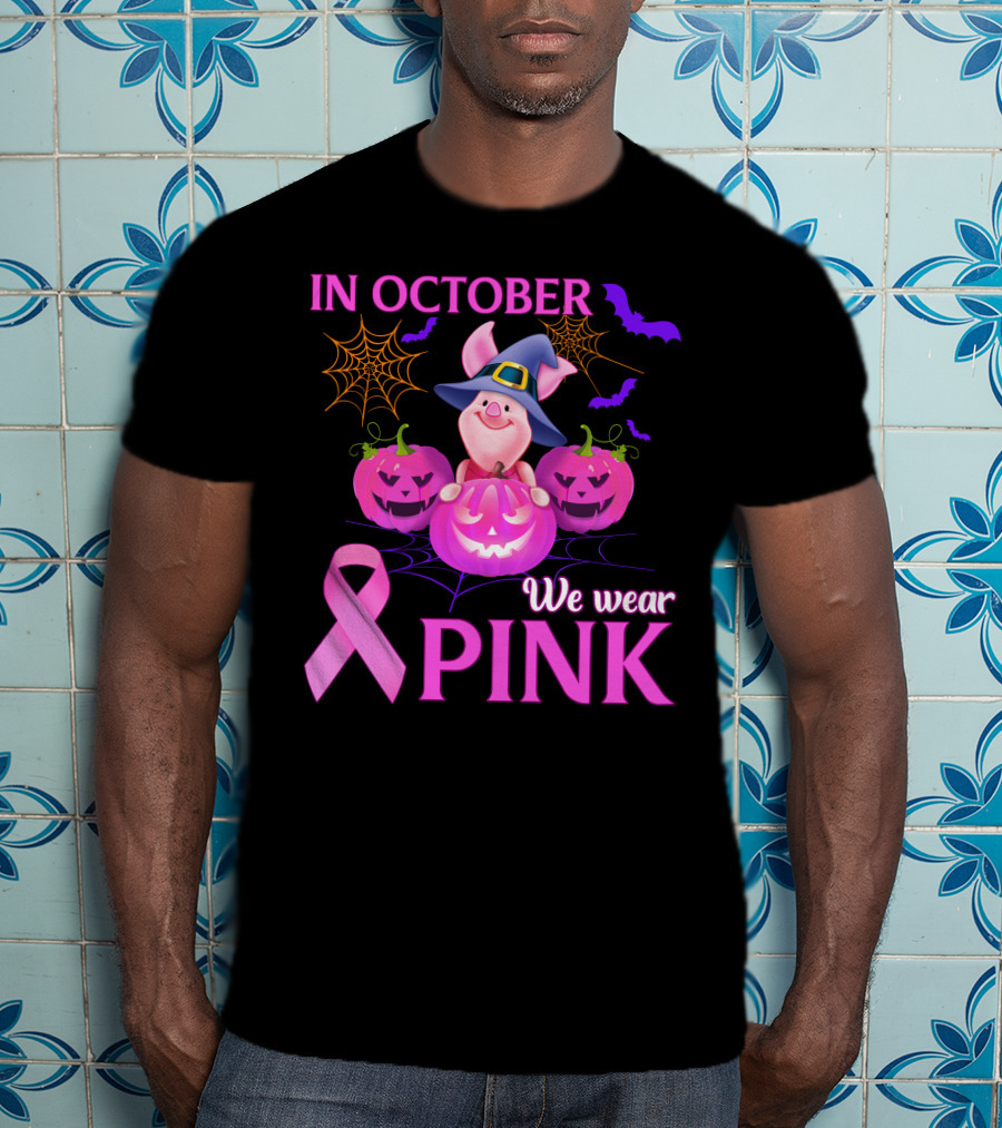 In October We Wear Pink Piglet Breast Cancer Awareness Halloween Pumpkins T-Shirt