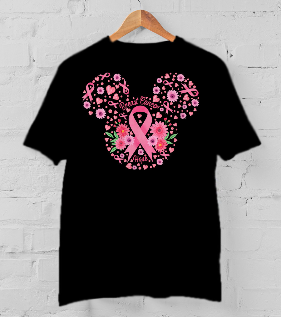 Breast Cancer Hope Pink Ribbon Floral Mickey Ears T-Shirt