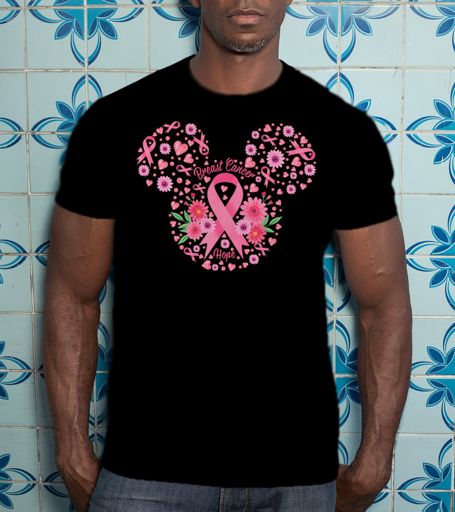 Breast Cancer Hope Pink Ribbon Floral Mickey Ears T-Shirt