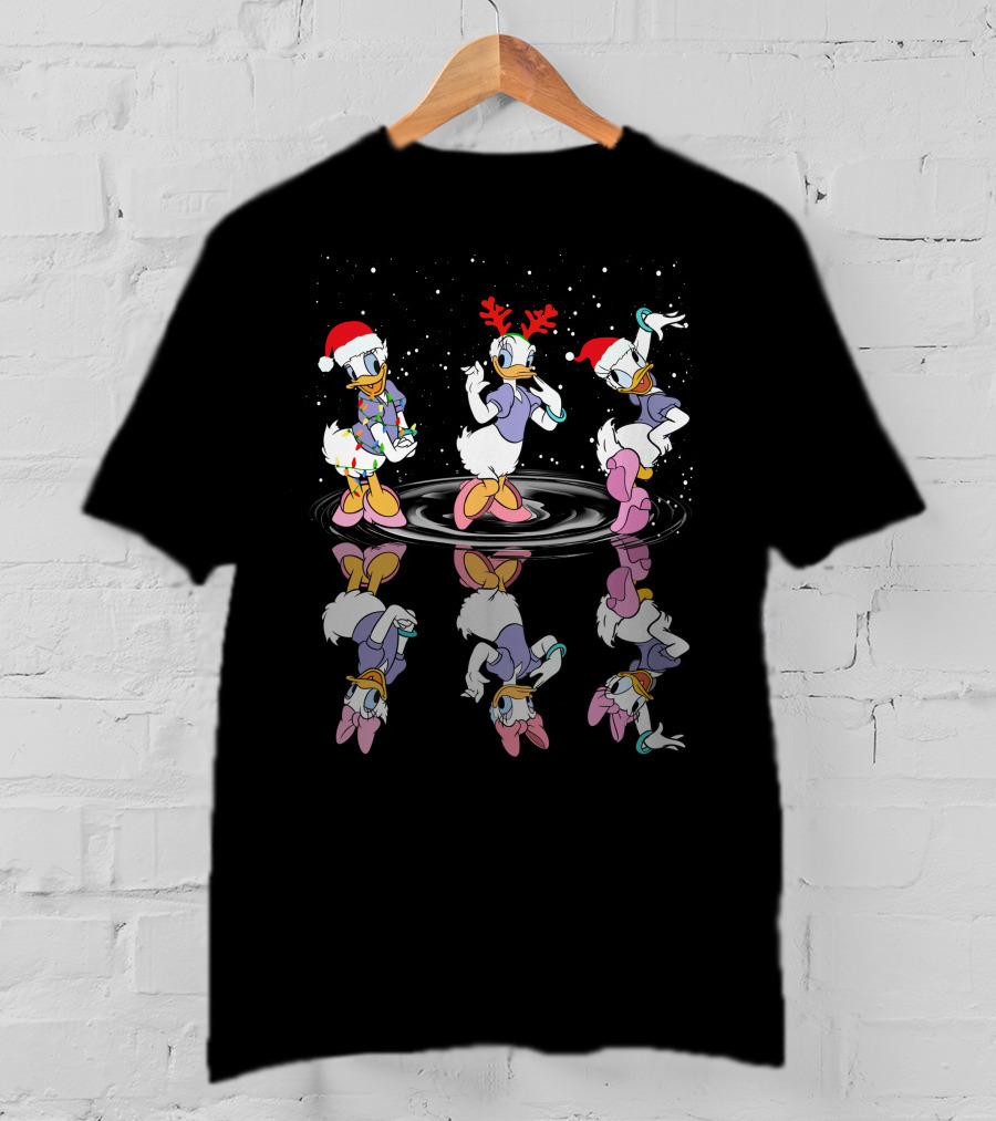 Daisy Duck Christmas Reflection Trio Dancing With Holiday Hats And Snowflakes T-Shirt