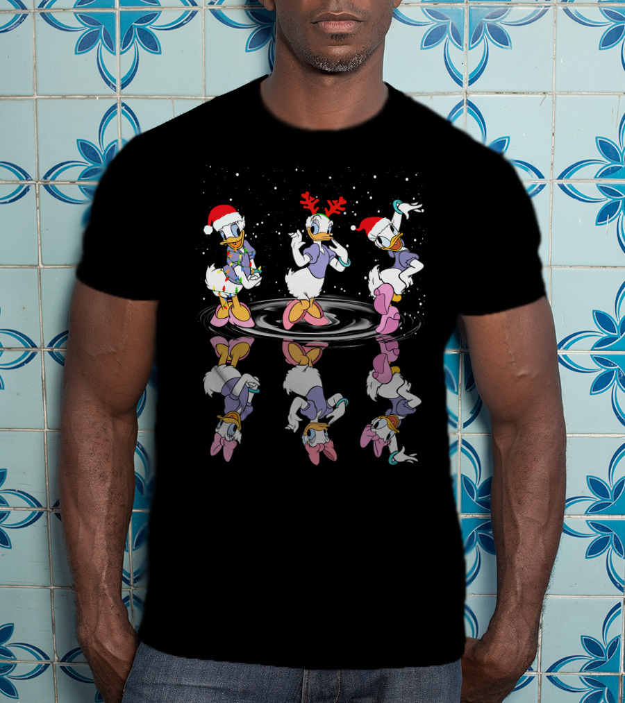 Daisy Duck Christmas Reflection Trio Dancing With Holiday Hats And Snowflakes T-Shirt