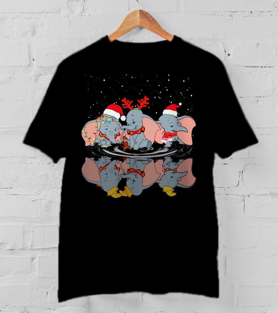 Dumbo Christmas Santa Hats And Reindeer Antlers Snowy Night T-Shirt