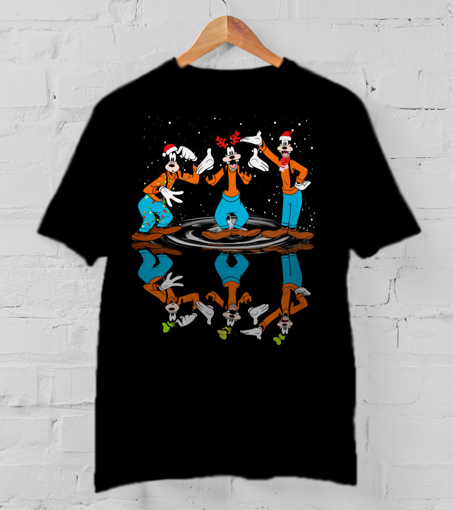 Goofy Christmas Reflection With Santa Hats And Antlers T-Shirt