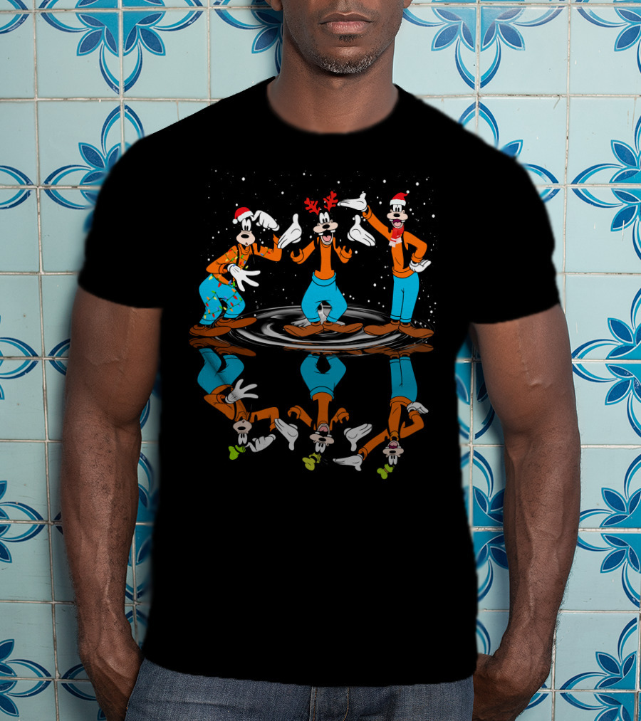 Goofy Christmas Reflection With Santa Hats And Antlers T-Shirt