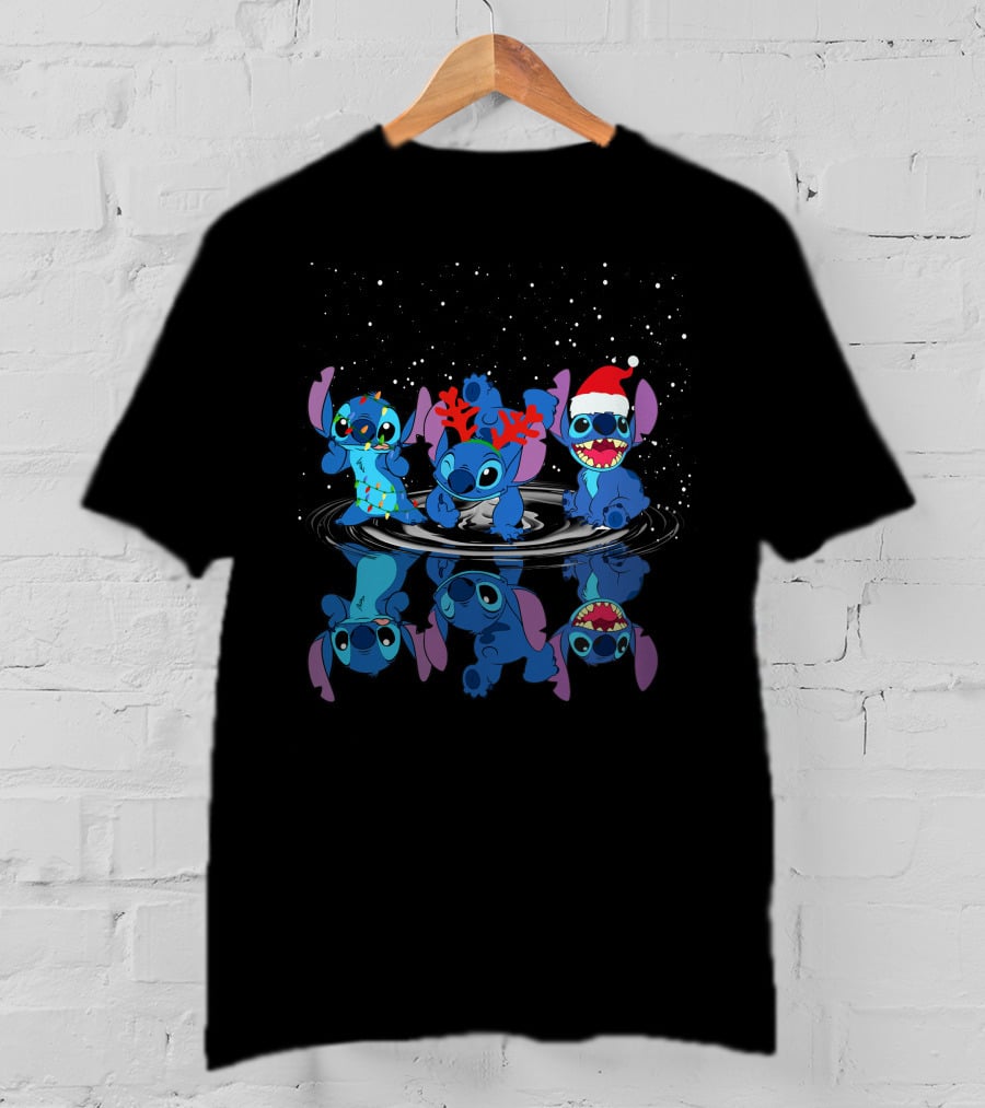Stitch Christmas Reflections With Santa Hat And Reindeer Antlers T-Shirt
