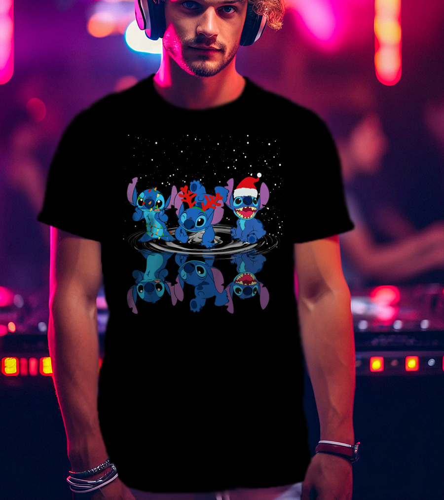 Stitch Christmas Reflections With Santa Hat And Reindeer Antlers T-Shirt