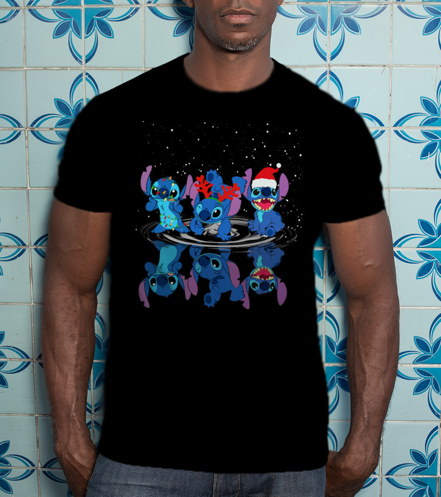 Stitch Christmas Reflections With Santa Hat And Reindeer Antlers T-Shirt