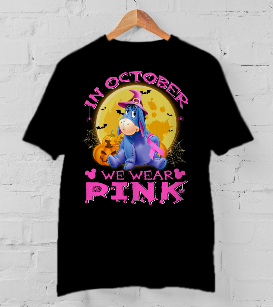 In October We Wear Pink Eeyore Halloween Ribbon And Pumpkins T-Shirt