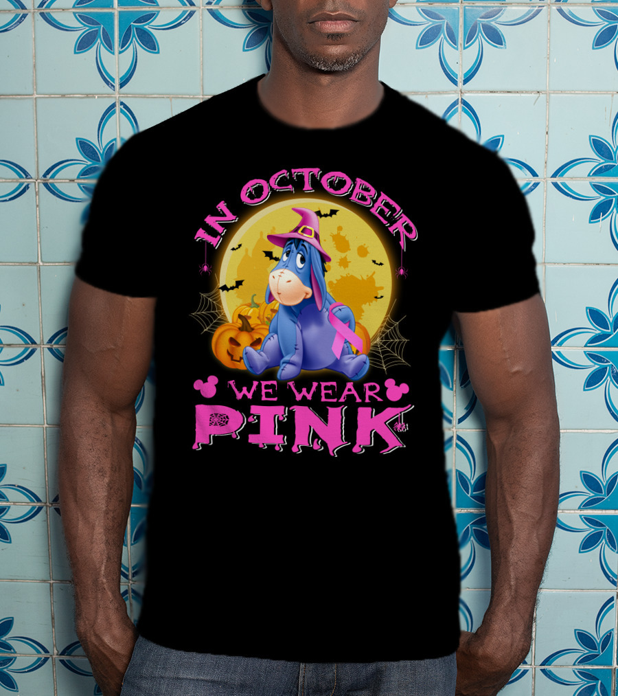 In October We Wear Pink Eeyore Halloween Ribbon And Pumpkins T-Shirt