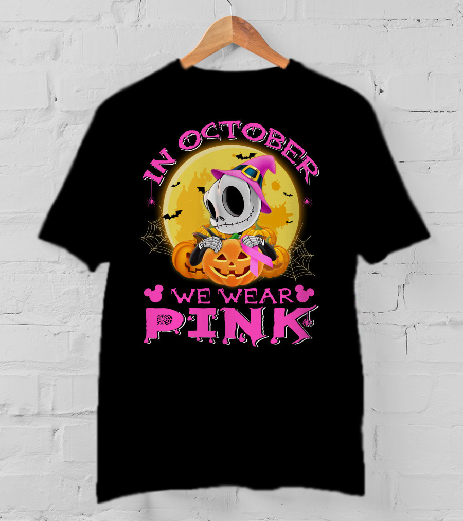 In October We Wear Pink Halloween Pumpkin Skeleton T-Shirt