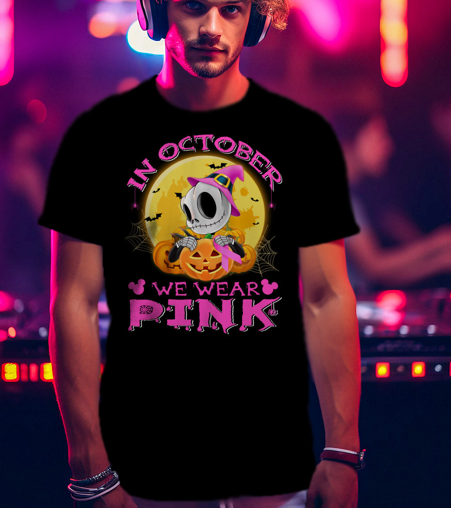 In October We Wear Pink Halloween Pumpkin Skeleton T-Shirt