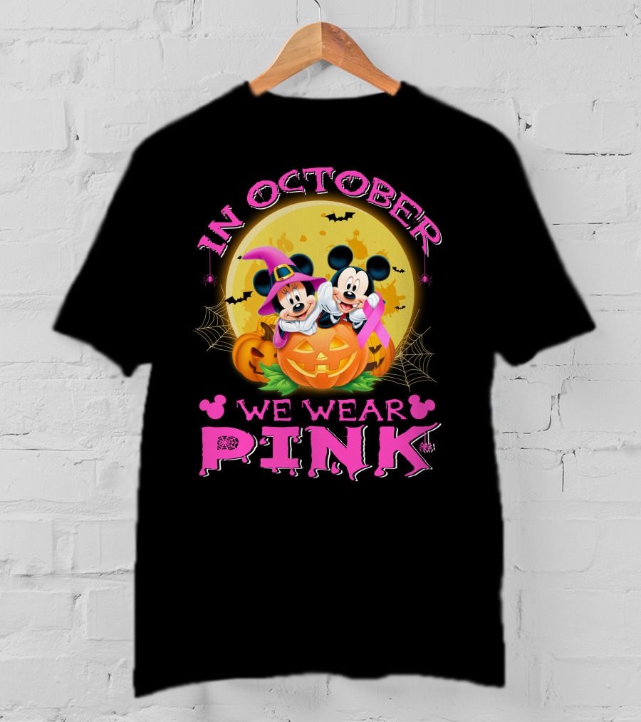 In October We Wear Pink Mickey And Minnie Halloween Pumpkin T-Shirt