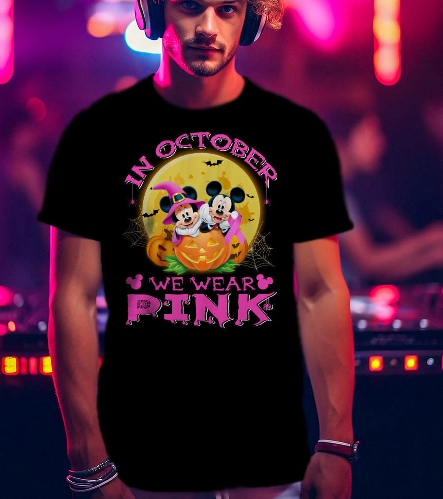 In October We Wear Pink Mickey And Minnie Halloween Pumpkin T-Shirt