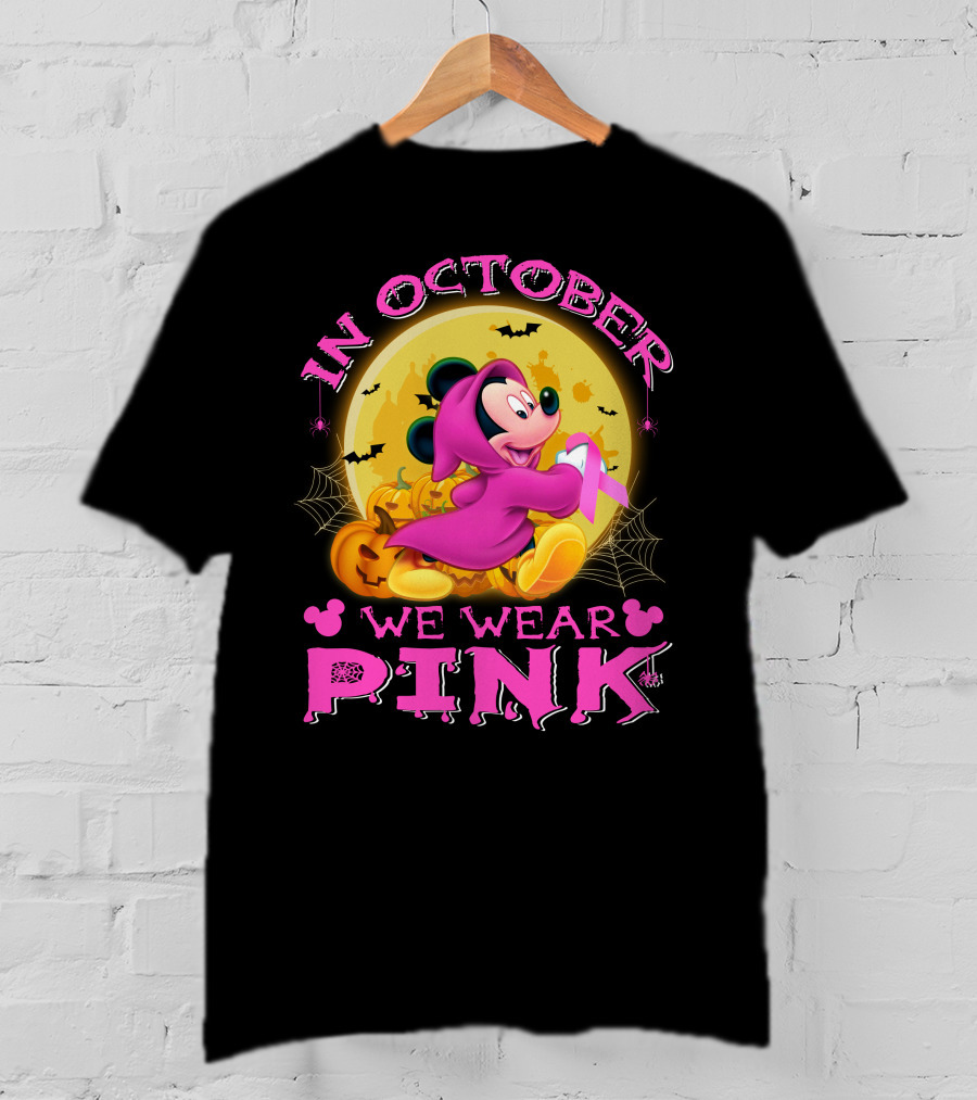 In October We Wear Pink Mickey Mouse Halloween Pumpkin Bats T-Shirt