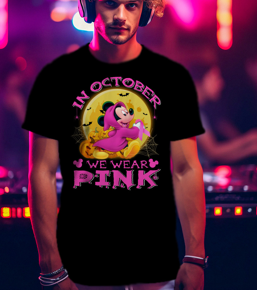 In October We Wear Pink Mickey Mouse Halloween Pumpkin Bats T-Shirt