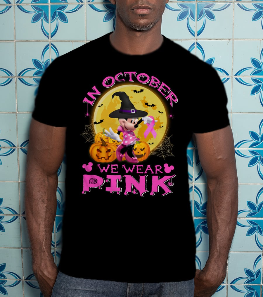 Minnie In October We Wear Pink Halloween Pumpkins Bats T-Shirt