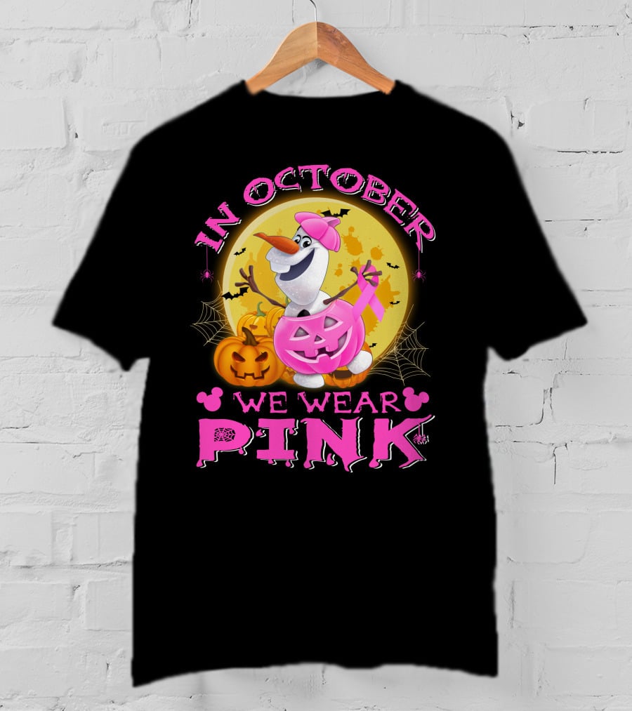 In October We Wear Pink Olaf Halloween Pumpkins And Bats T-Shirt