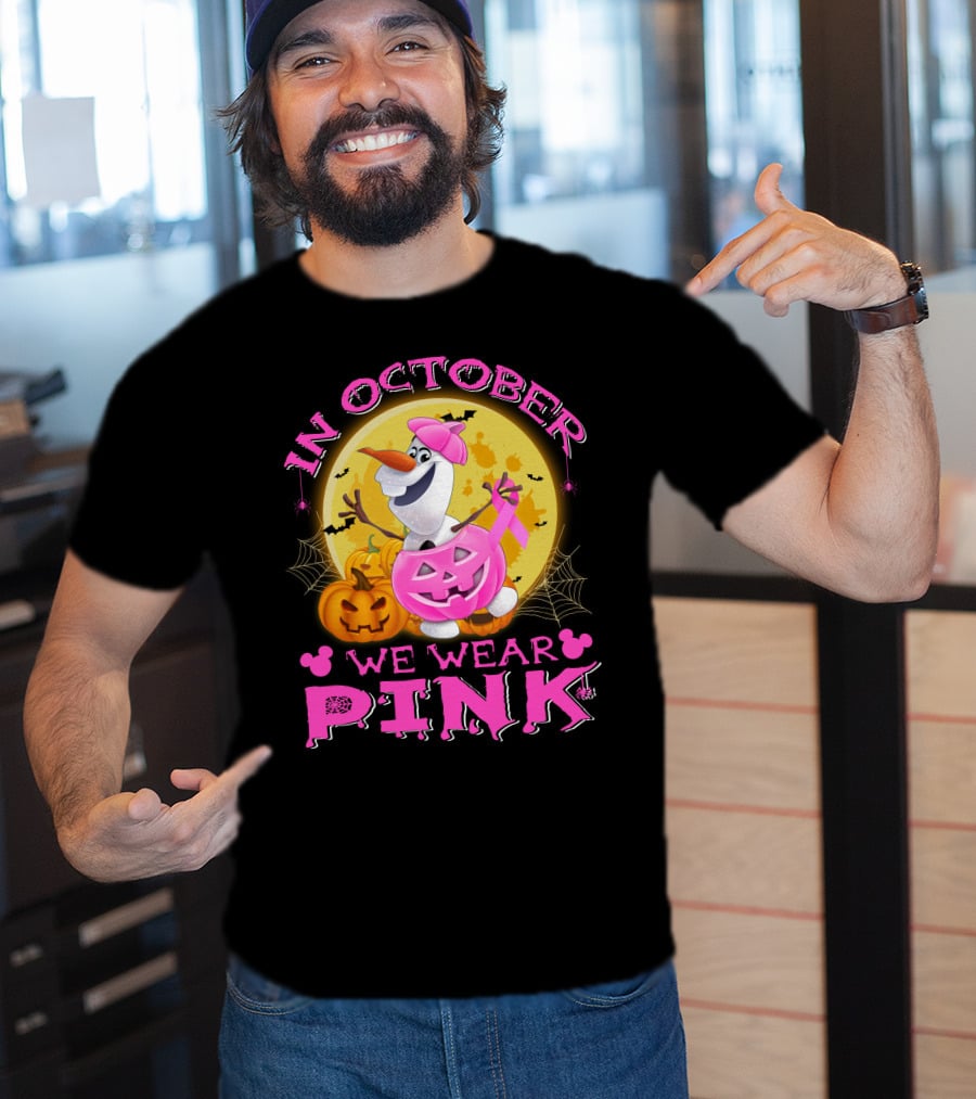 In October We Wear Pink Olaf Halloween Pumpkins And Bats T-Shirt