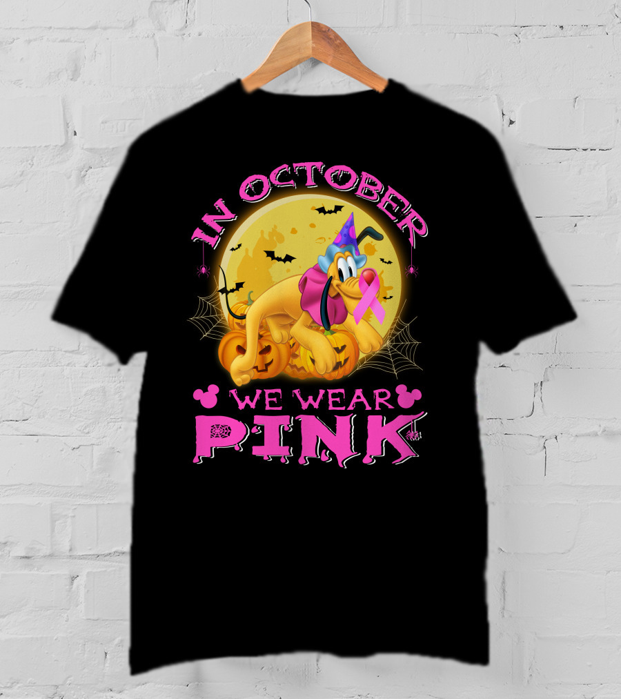 In October We Wear Pink Pluto Halloween Pumplin Bat Webs T-Shirt