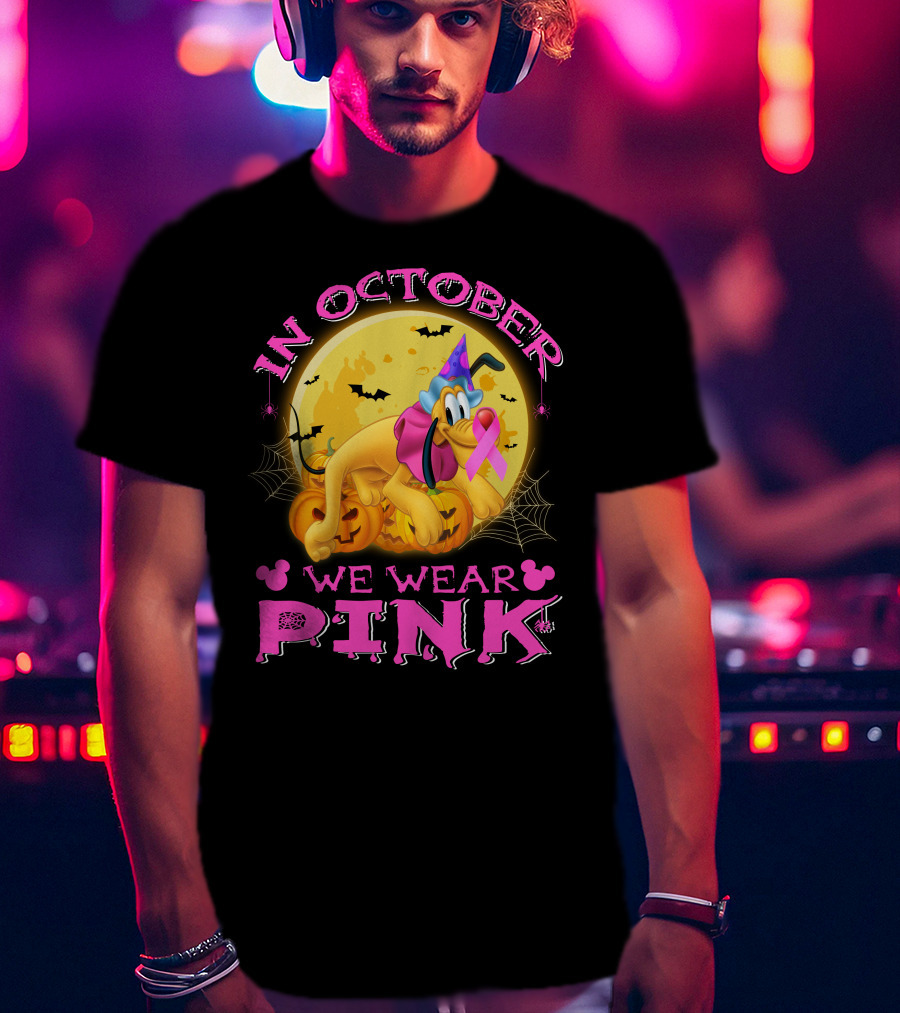 In October We Wear Pink Pluto Halloween Pumplin Bat Webs T-Shirt