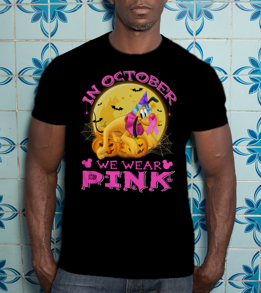 In October We Wear Pink Pluto Halloween Pumplin Bat Webs T-Shirt