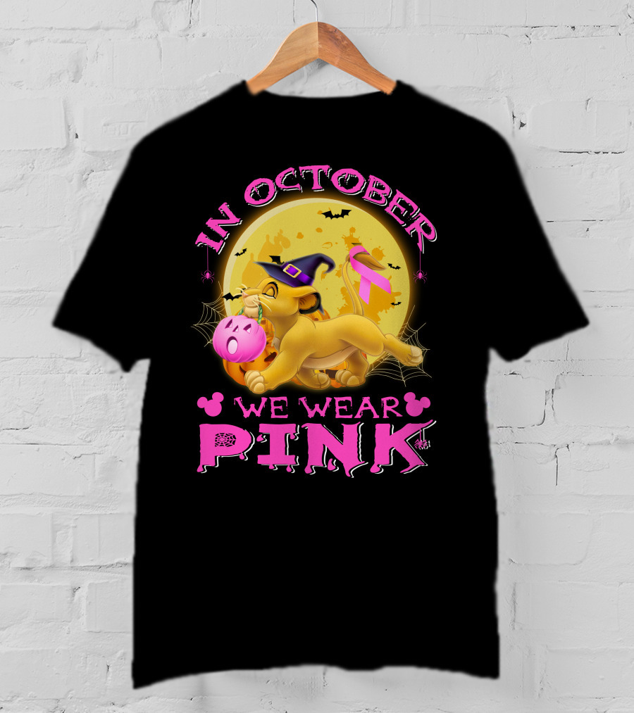 In October We Wear Pink Simba Halloween Breast Cancer Awareness T-Shirt