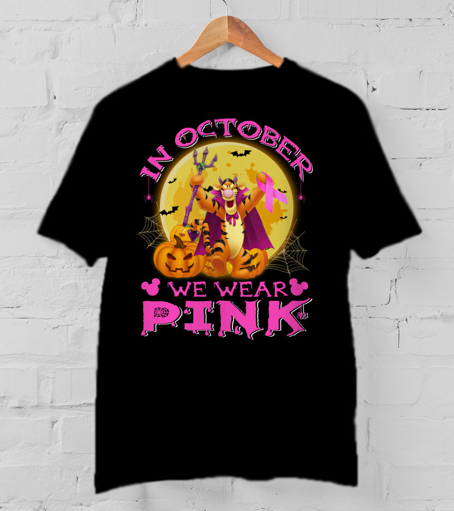 In October We Wear Pink Tigger Halloween Pumpkins Bats T-Shirt