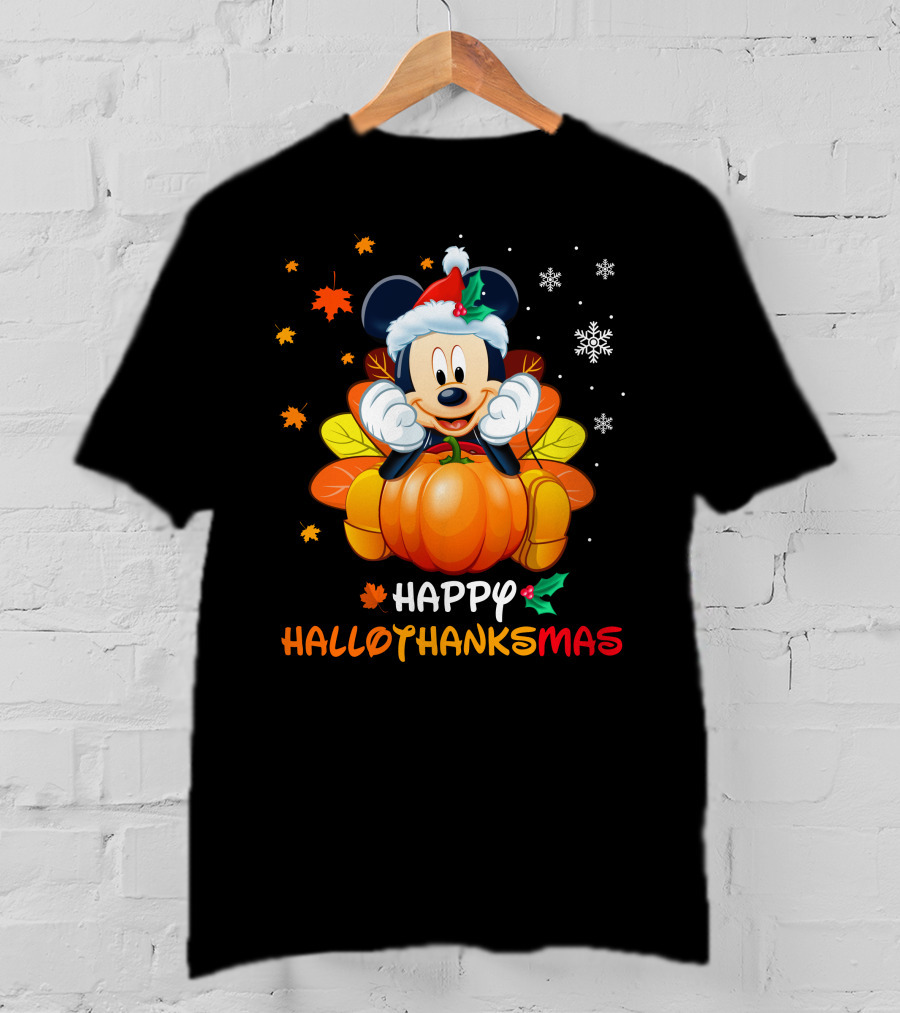 Happy Hallothanksmas 2 Mickey Mouse Pumpkin Santa Hat Fall Leaves Snowflakes T-Shirt
