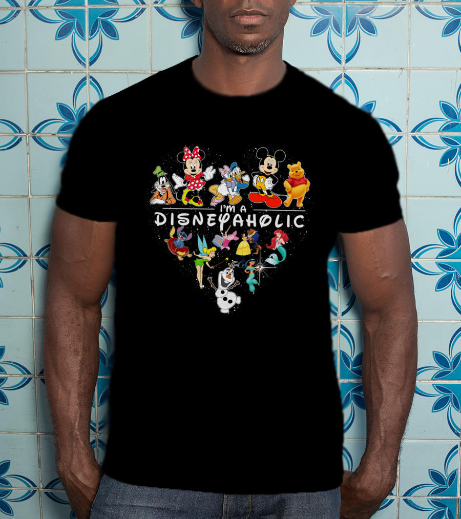 I'm A Disneyaholic Heart Featuring Mickey Mouse Minnie Goofy Donald Winnie The Pooh Tinker Bell Ariel Olaf T-Shirt