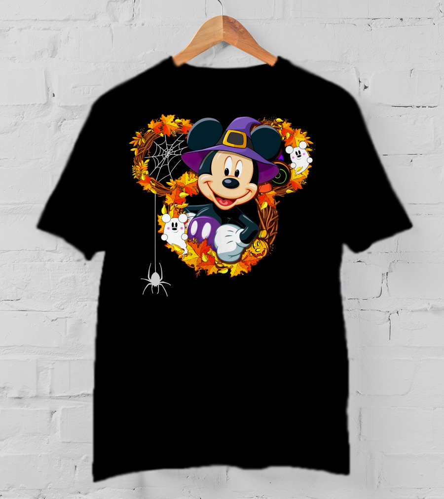 Mickey Halloween Wreath Witch Hat Spiderweb Ghosts Pumpkins Leaves T-Shirt