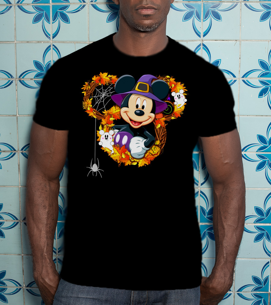 Mickey Halloween Wreath Witch Hat Spiderweb Ghosts Pumpkins Leaves T-Shirt