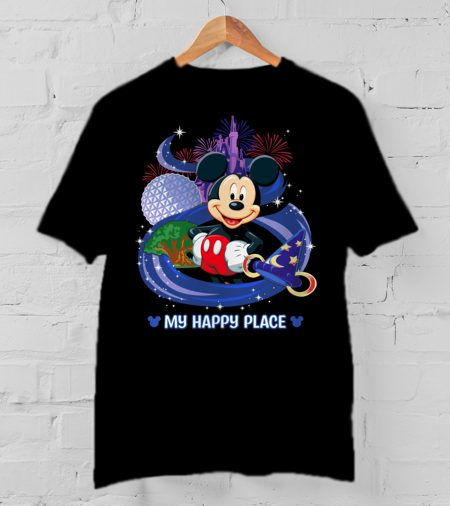 Mickey My Happy Place Disney Castle Fireworks Sorcerer's Hat T-Shirt